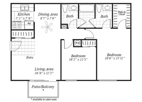 Floor plan for 2 beds, 1.5 baths, 743 sqft